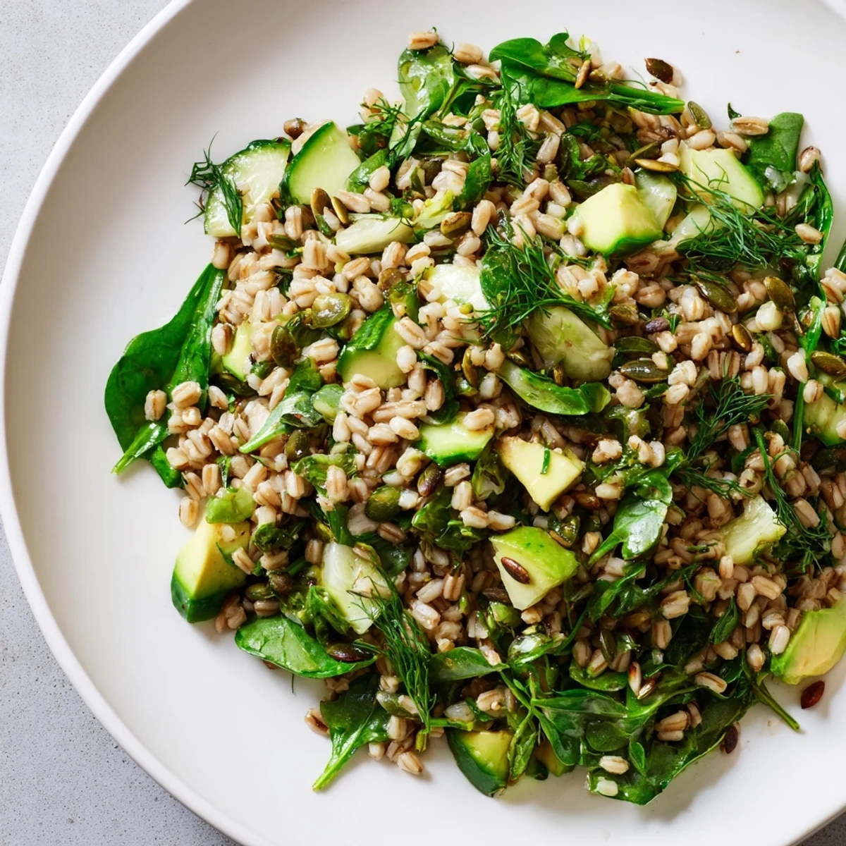 Freshly tossed Evergreen Barley salad topped with diced avocado, cucumber slices, and herbs.