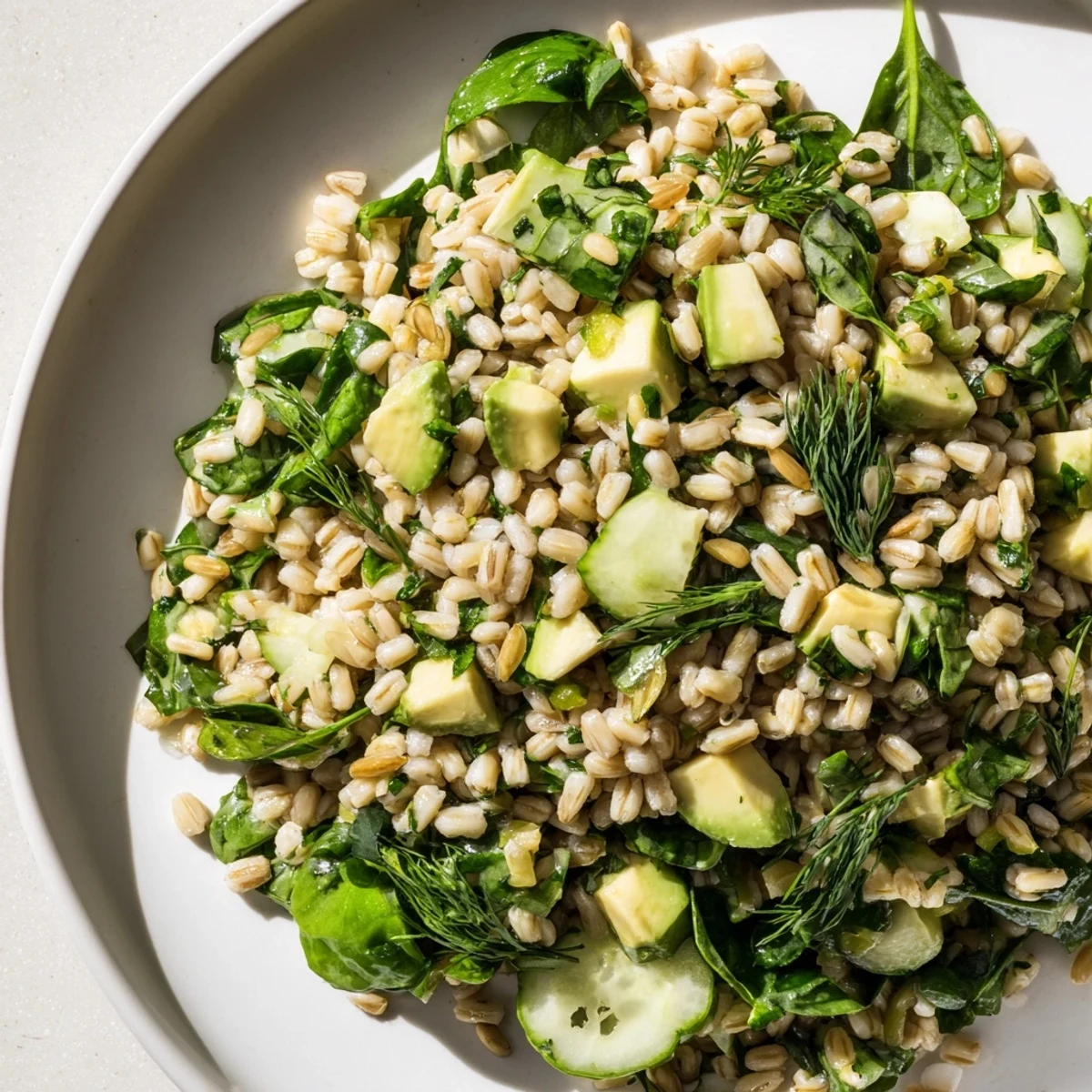 Hearty Evergreen Barley bowl served as a light lunch, featuring green peas and seeds.