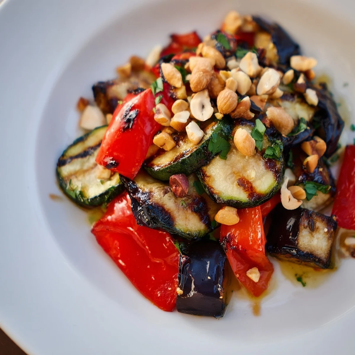 A close-up of Nutty Charred Veg on a white plate, showing colorful charred broccoli, peppers, and carrots with toasted nuts.