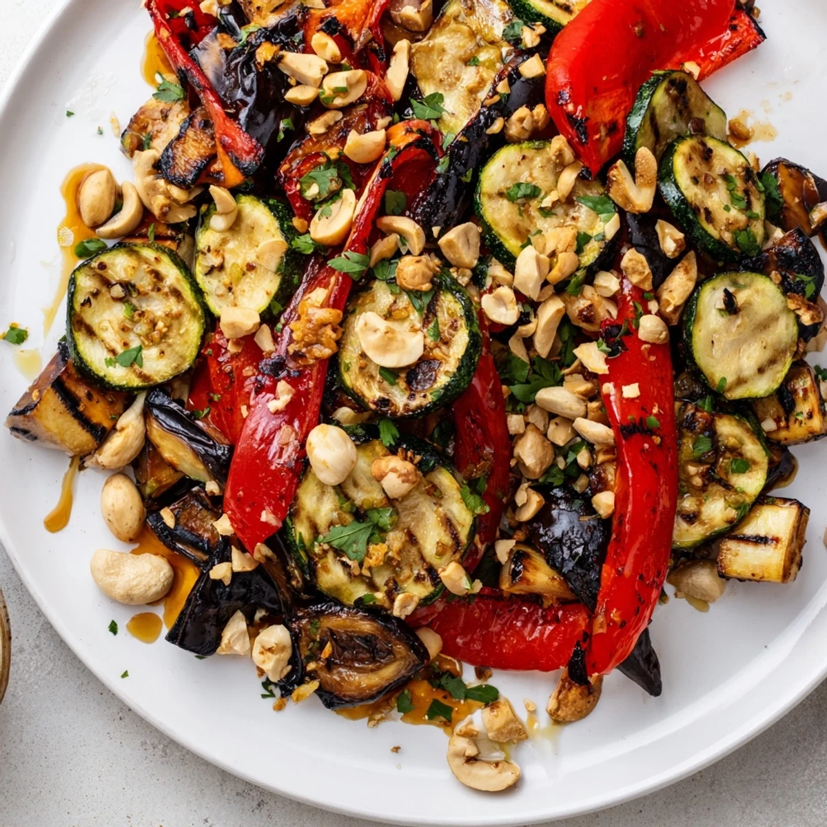 Nutty Charred Veg served warm from the grill pan, with smoky edges on zucchini and onions, finished with a light parsley dressing.