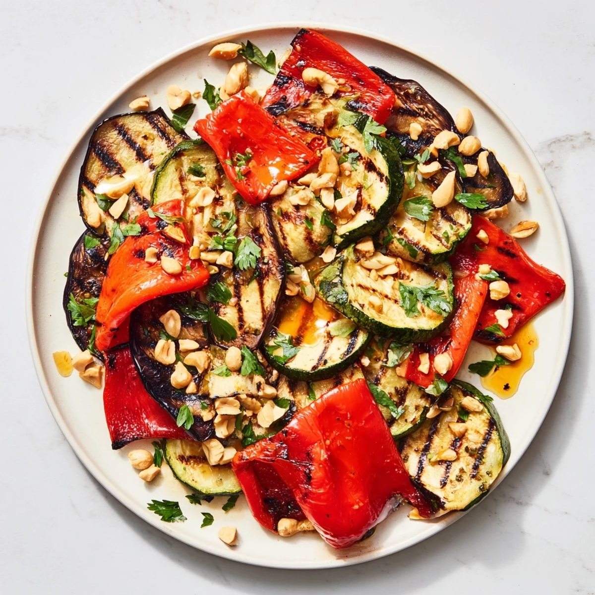 Overhead view of Nutty Charred Veg platter, a gluten-free vegetarian side with crunchy nuts and bright lemony drizzle for easy entertaining.