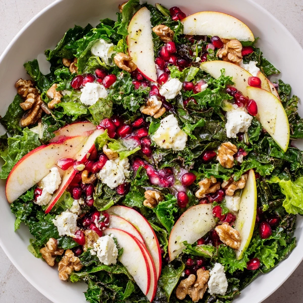 Fresh Evergreen Winter Greens salad with crisp kale, toasted walnuts, and bright pomegranate seeds, dressed in citrus vinaigrette. 
