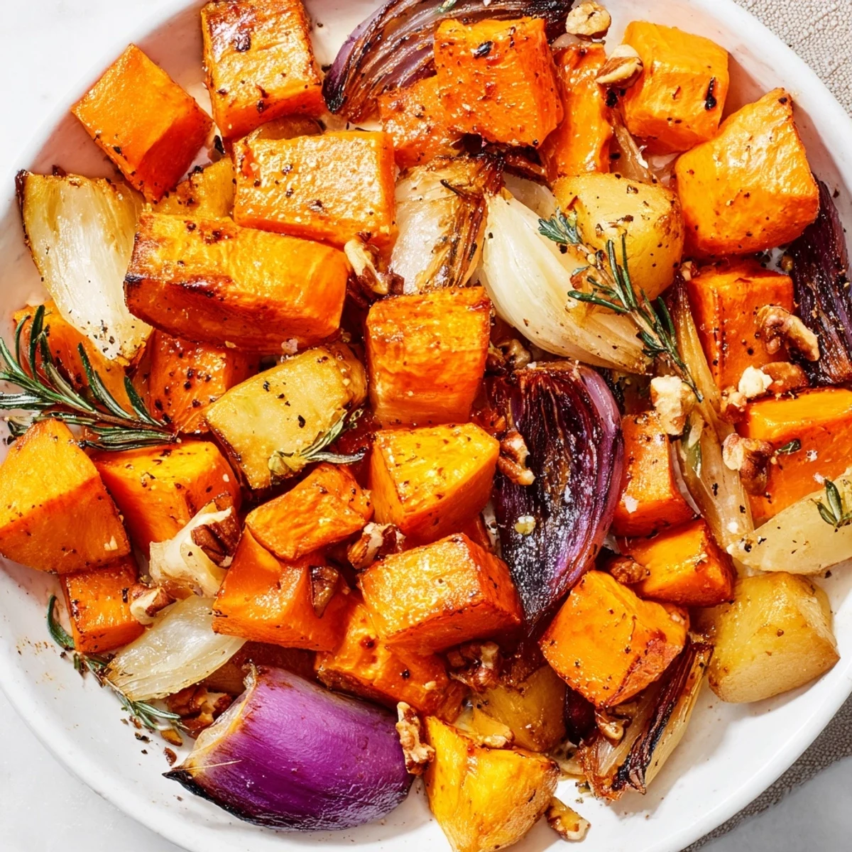A close-up of caramelized Winter Roasted Roots on a baking sheet, garnished with fresh herbs and toasted walnuts for a rustic presentation.