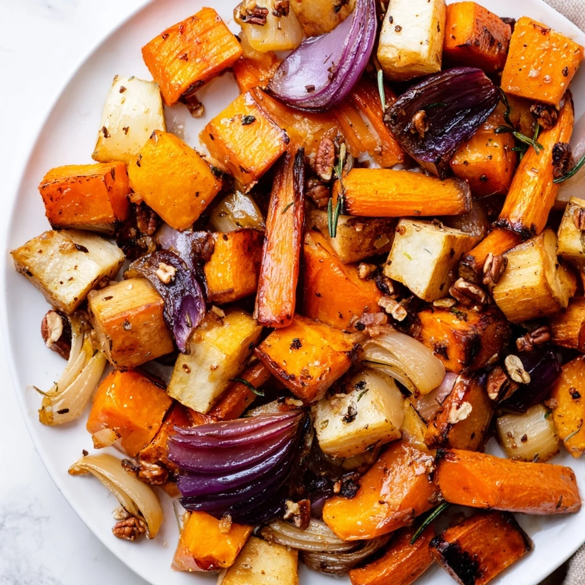 Golden roasted carrots, parsnips, and sweet potatoes tossed with fragrant rosemary and thyme, creating a warm Winter Roasted Roots side dish.