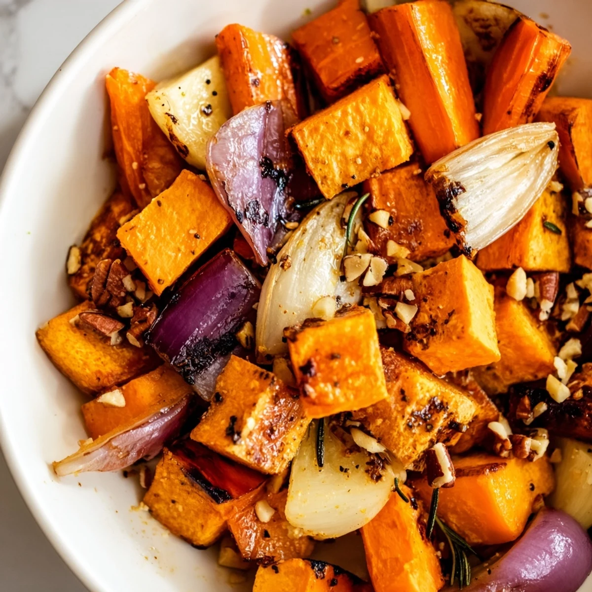 Vibrant Winter Roasted Roots served in a white ceramic bowl, offering a cozy, healthy vegan side perfect for chilly seasonal meals.