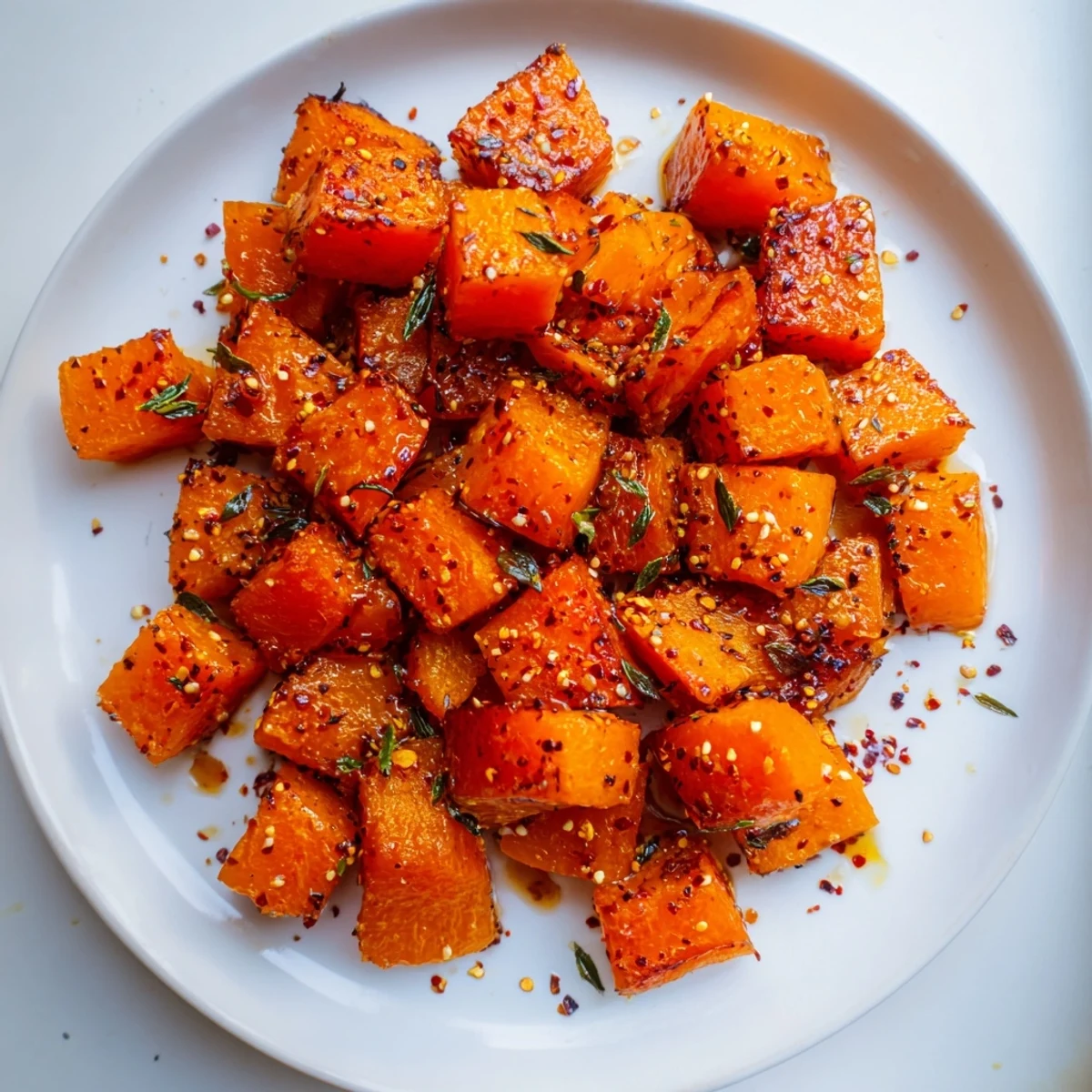 A close-up of golden, caramelized Savory Maple Squash glistening with maple glaze and flecked with thyme on a rustic wooden platter.