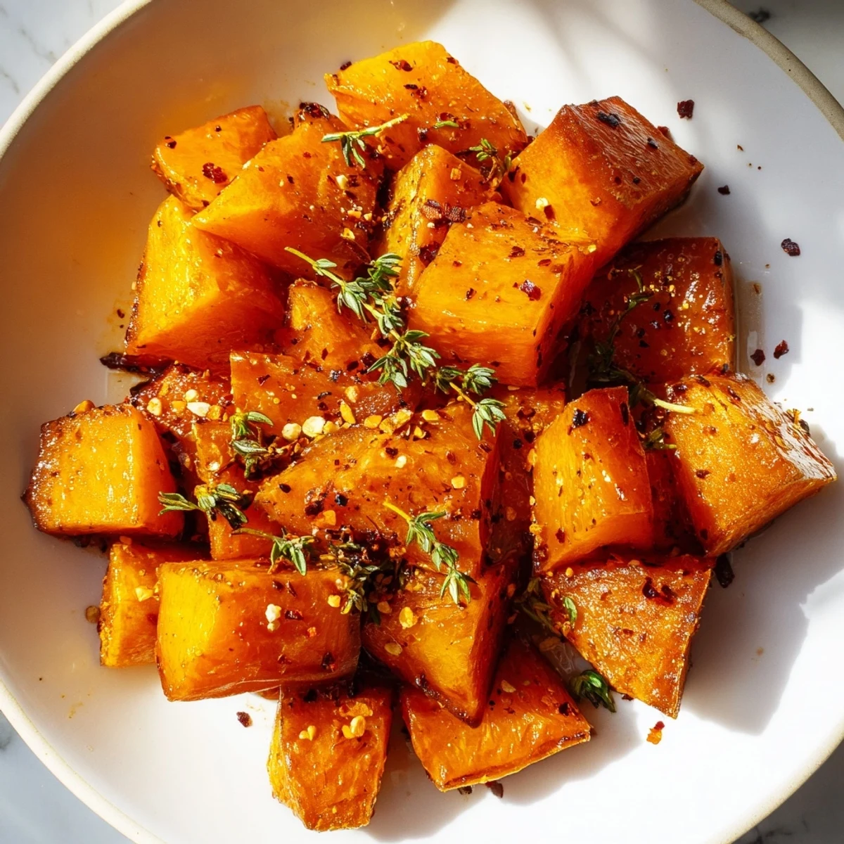 Savory Maple Squash arranged in a white serving bowl, garnished with fresh thyme and a light drizzle of maple syrup.