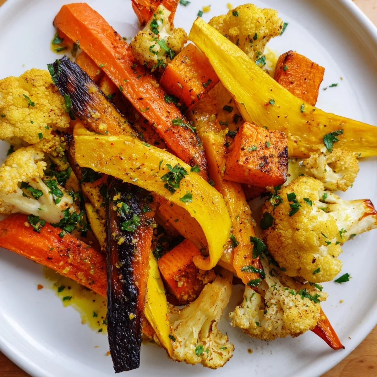 Golden-hued Charred Golden Vegetables roasted with a smoky char and drizzled with lemon-herb dressing on a platter.