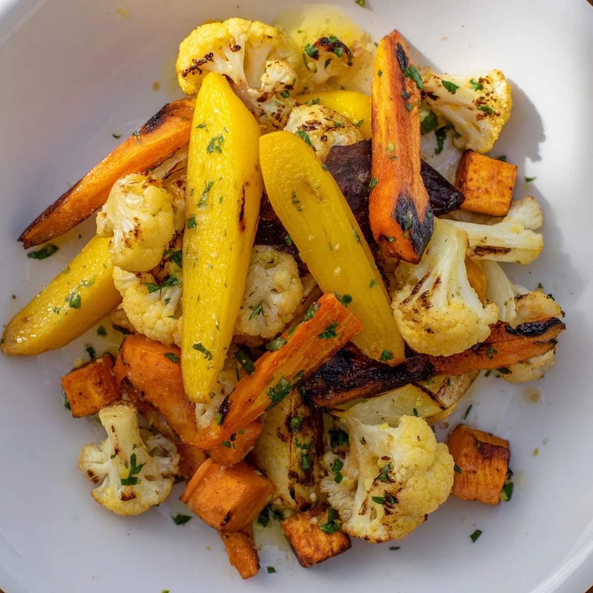 Freshly roasted Charred Golden Vegetables with a crisp edge, served warm with parsley and chives garnish.