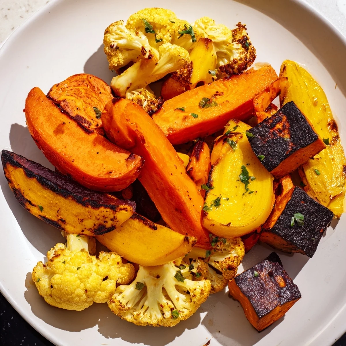 Golden root vegetables roasted to perfection for Charred Golden Vegetables, ideal for a vegetarian main or side dish.