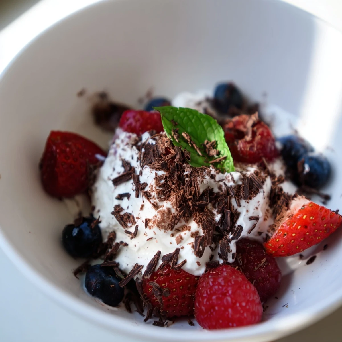 Bright Cocoa Berry layered with fresh raspberries, strawberries, and blueberries in dessert glasses, topped with dark chocolate shavings.