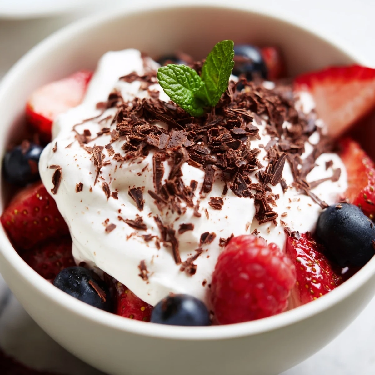 A bowl of Bright Cocoa Berry featuring whipped cocoa cream over mixed berries, garnished with mint leaves for a refreshing finish.