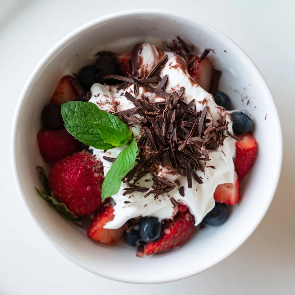 Close-up of Bright Cocoa Berry showing rich cocoa cream, juicy berries, and shaved chocolate, served on an elegant dessert plate.