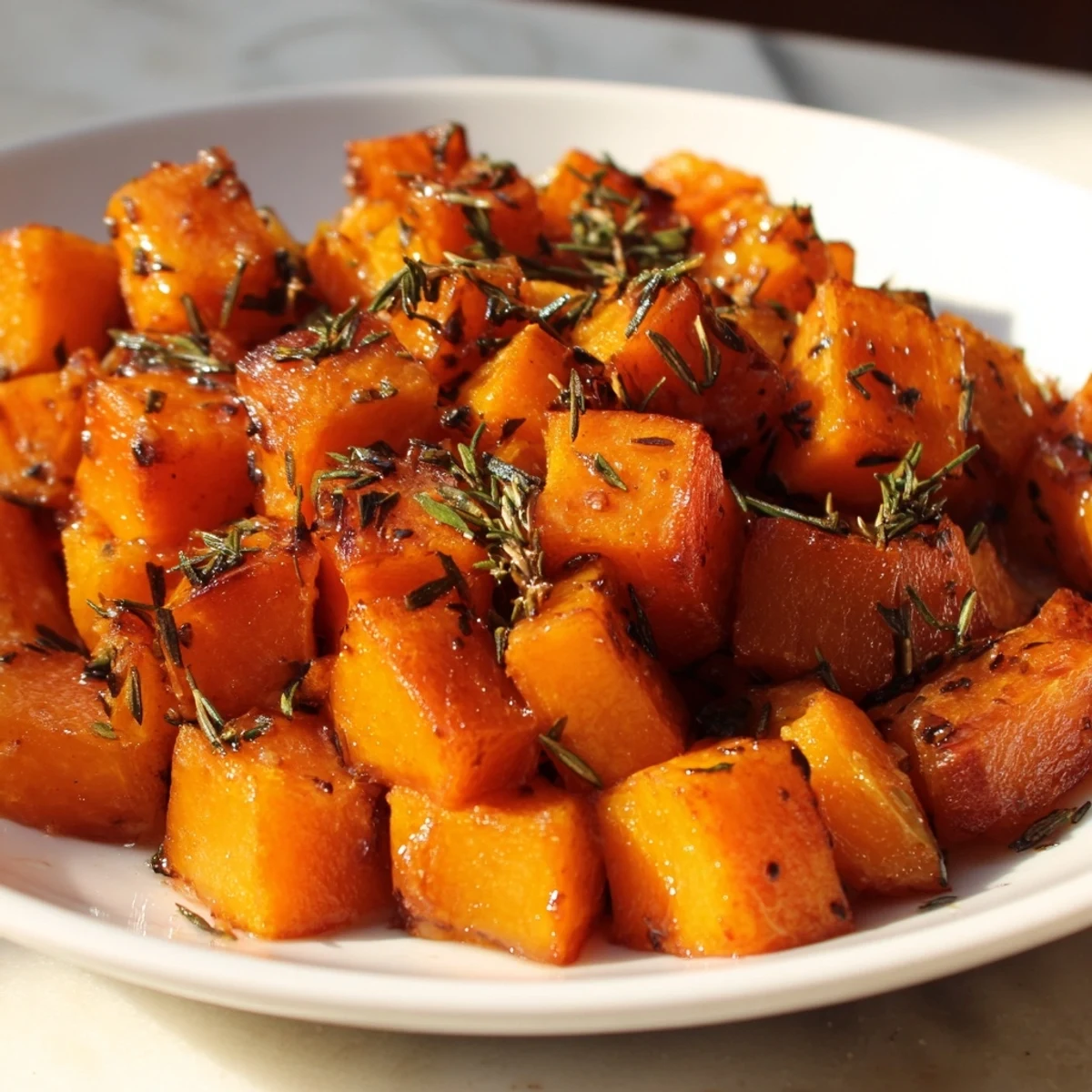 Golden roasted Herbed Maple Squash cubes glistening with maple glaze and fresh rosemary on a rustic platter.