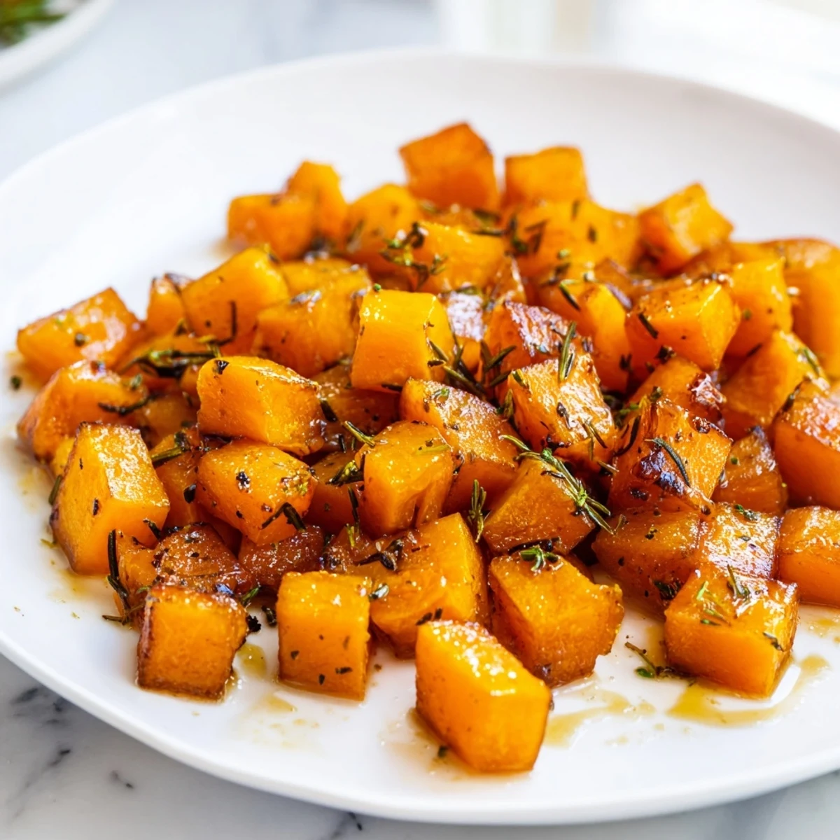 Platter of Herbed Maple Squash garnished with fresh herbs, ready to accompany a holiday roast.