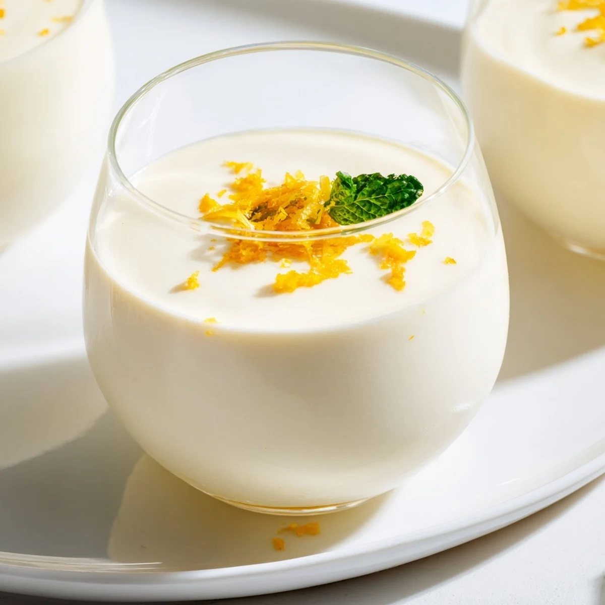 Delicate Frosted Bright Citrus mousse in a glass, crowned with a pale glaze and fresh mint.