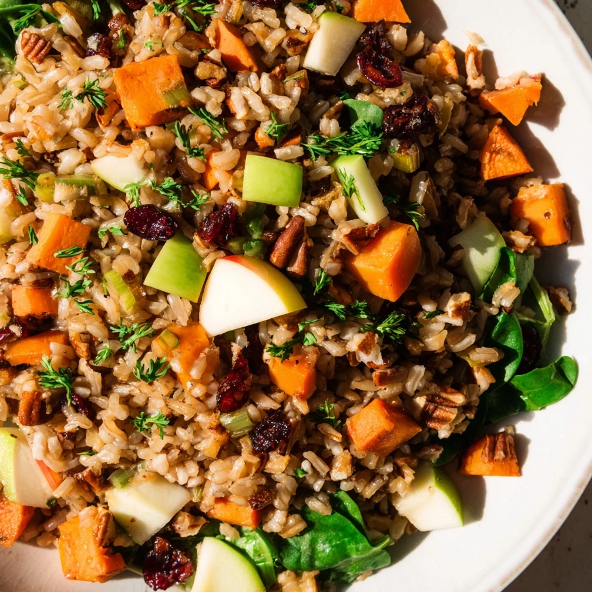 Harvest Warm Rice is garnished with dried cranberries, toasted pecans, and fresh parsley.