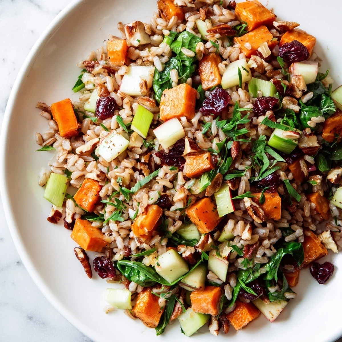 Warm Harvest Rice with roasted sweet potatoes, carrots, and tender spinach in a rustic skillet.