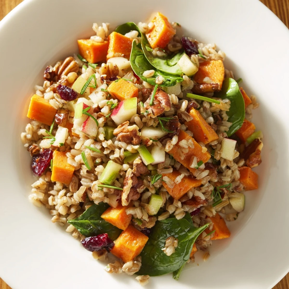 A steaming bowl of Harvest Warm Rice, served with a spoon beside sliced apples and herbs.