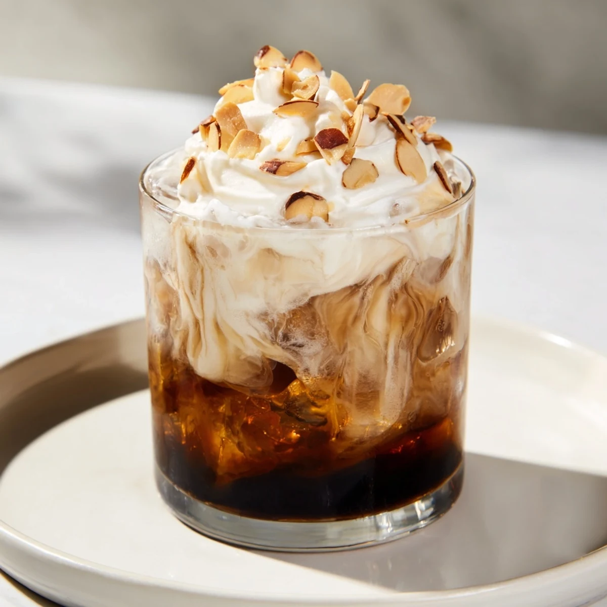 A cozy Winter Toasted Almond cocktail in a rocks glass topped with whipped cream and crunchy sliced almonds.