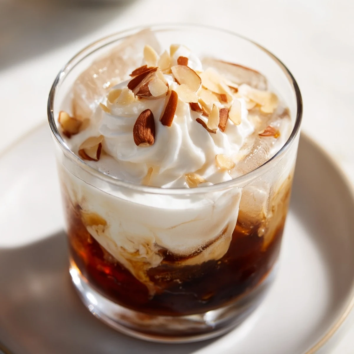 The Winter Toasted Almond drink blends amaretto and coffee liqueur with creamy half-and-half over ice for a nutty sip.