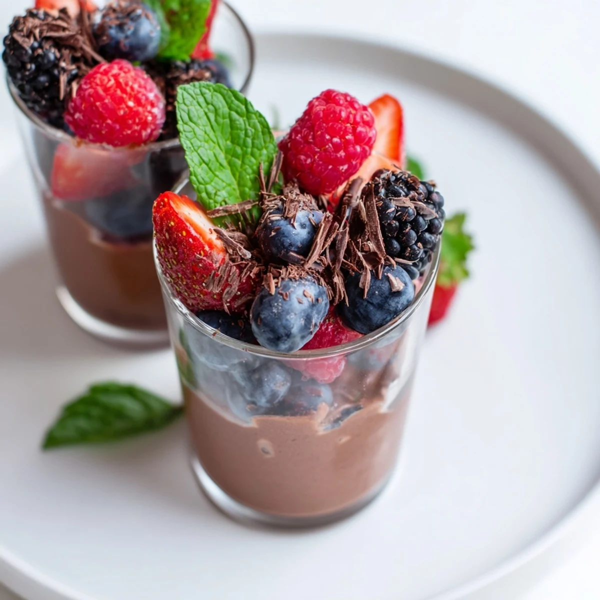 A spoon dips into the chilled Maple Cocoa Berry dessert, revealing layers of chocolate mousse and fresh berries.