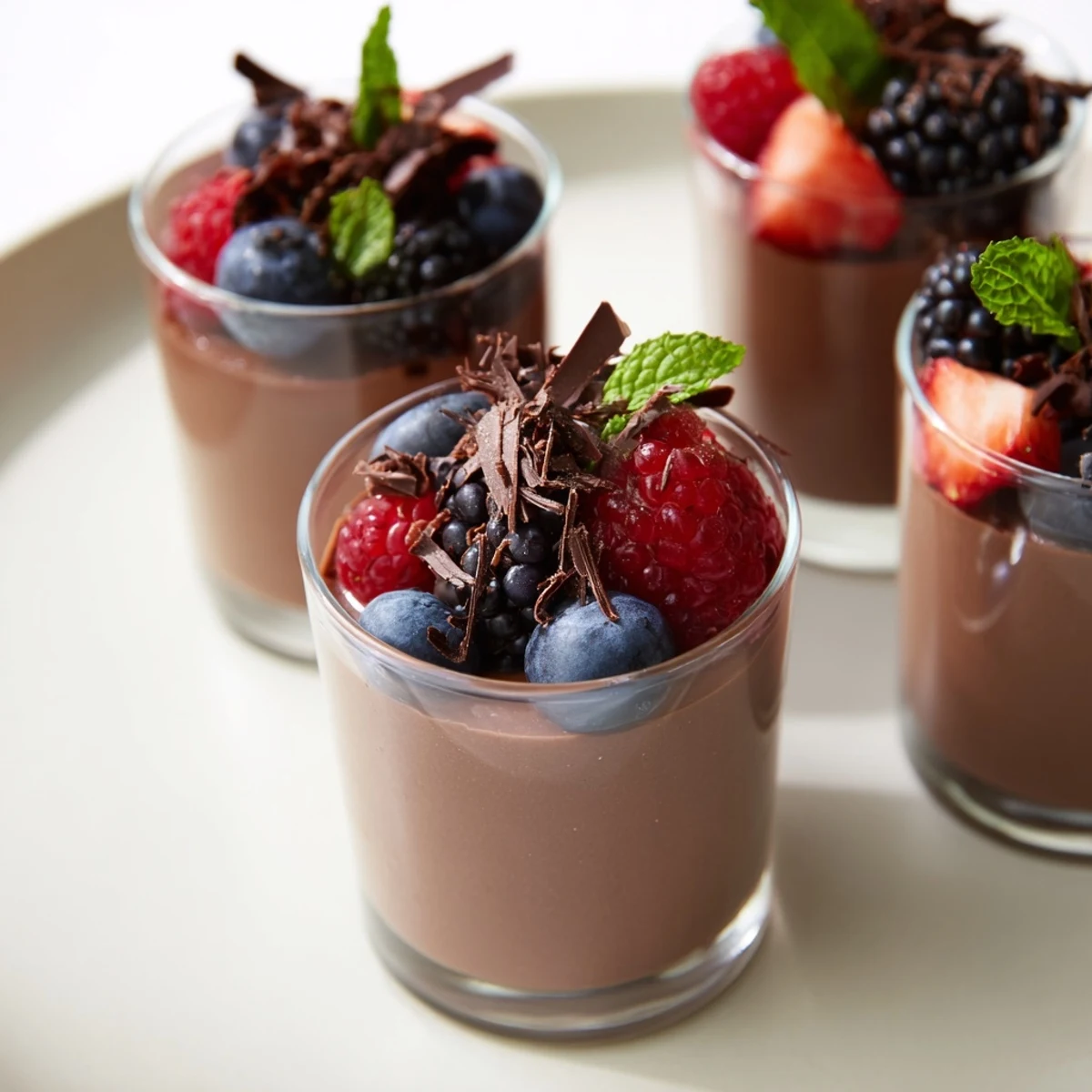 Served in a clear glass, the Maple Cocoa Berry dessert shows red and blue berries with a rich cocoa mousse.