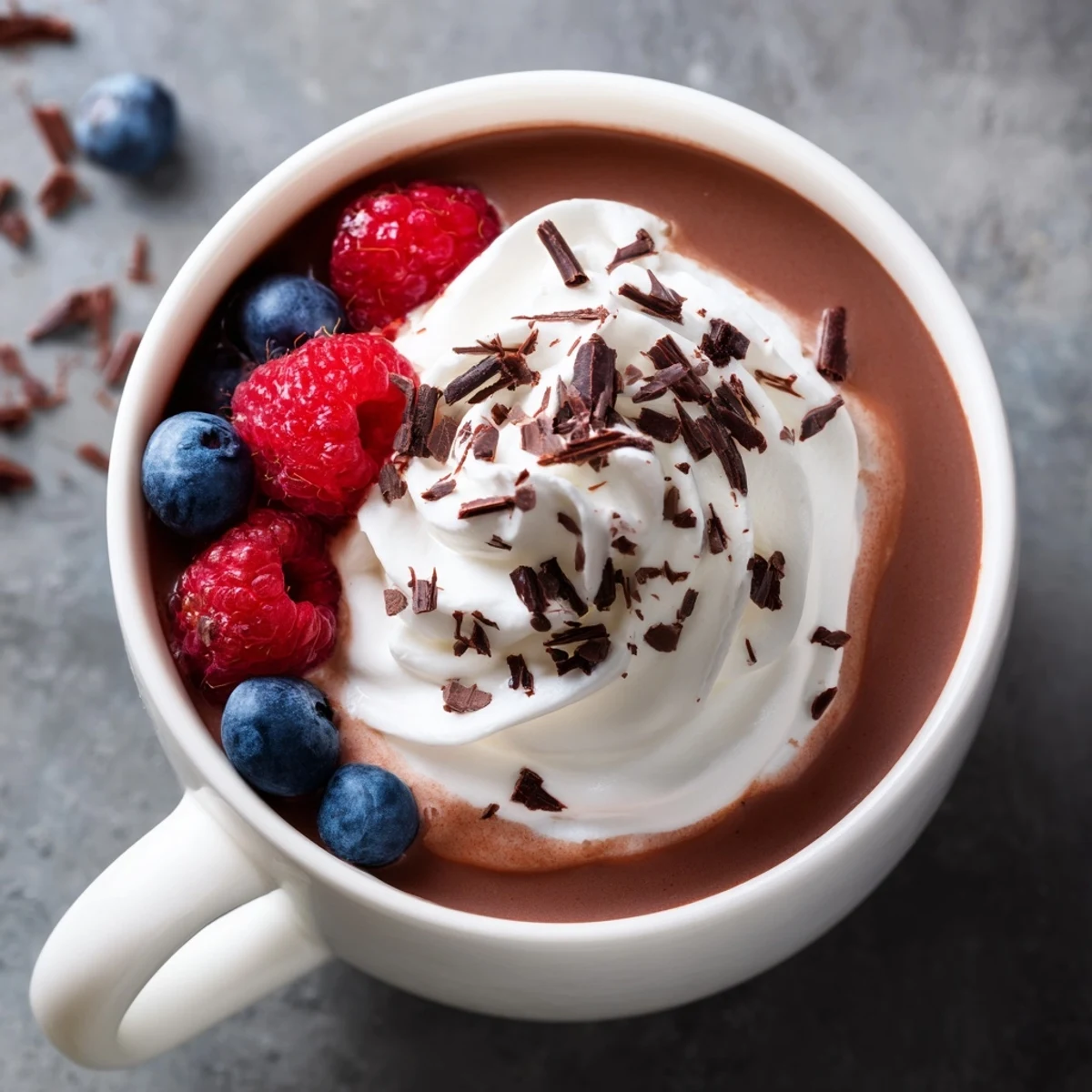 Warm Cocoa Berry steaming in a cozy mug topped with whipped cream, fresh berries, and shaved chocolate, served on a rustic wooden table.