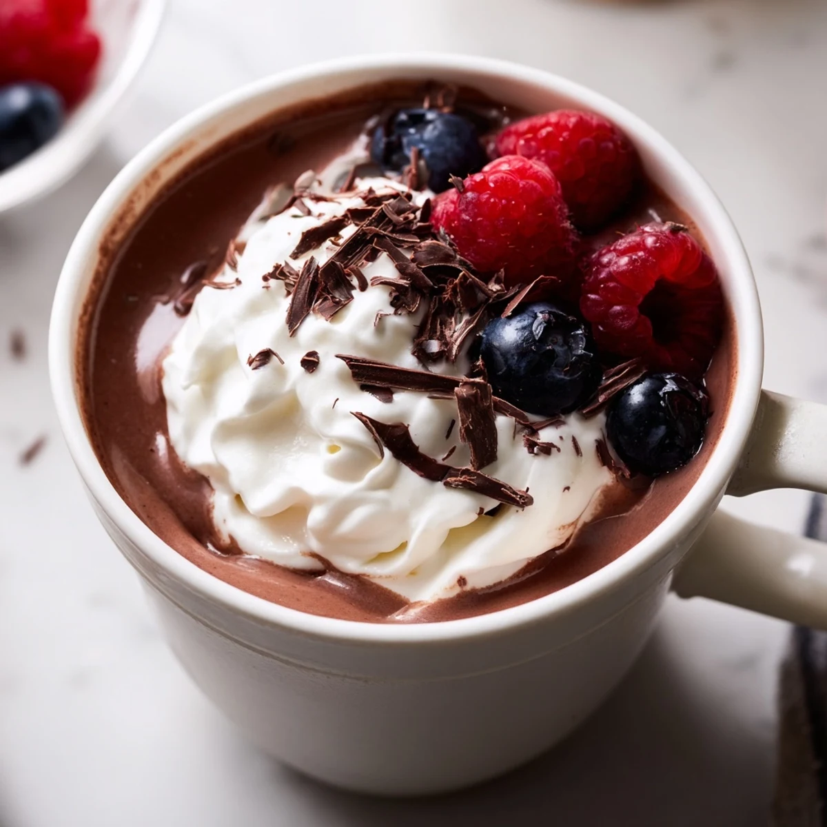 Steam rises from a mug of Warm Cocoa Berry, garnished with plump berries and a swirl of whipped cream, perfect for chilly evenings.