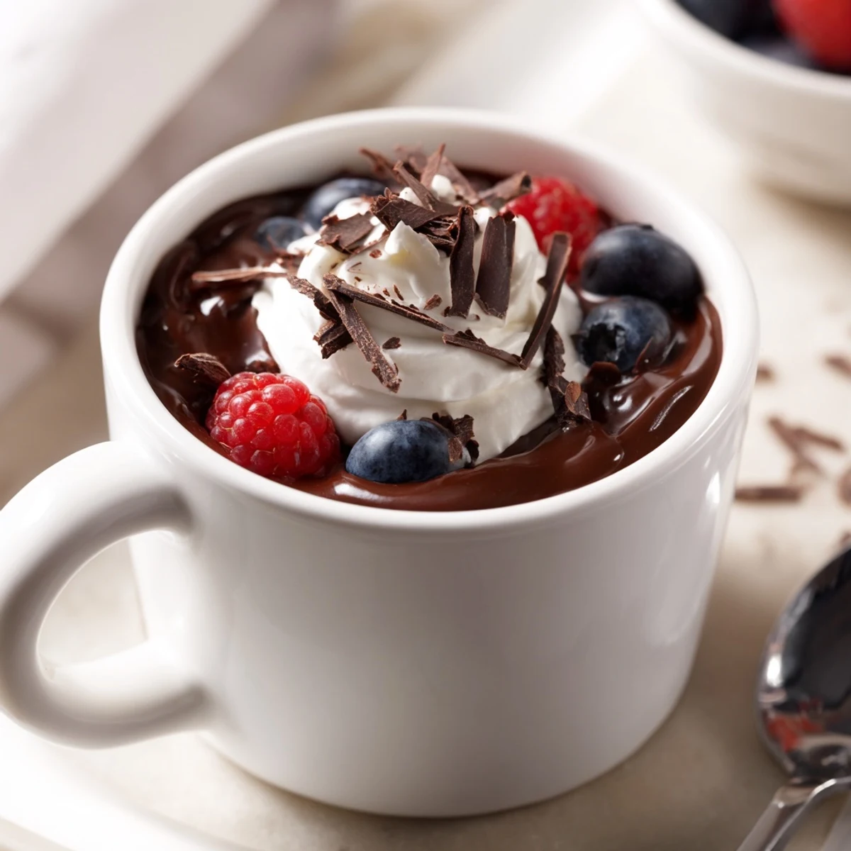 A close-up of Warm Cocoa Berry, its velvety chocolate texture dotted with berries, ready to enjoy with a dessert spoon nearby.