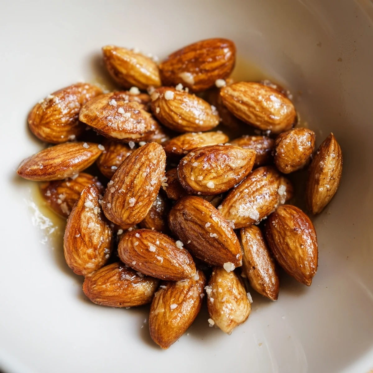 Close-up of Hearth Toasted Almond on a wooden board, golden-brown nuts glistening with butter and a hint of sea salt.  