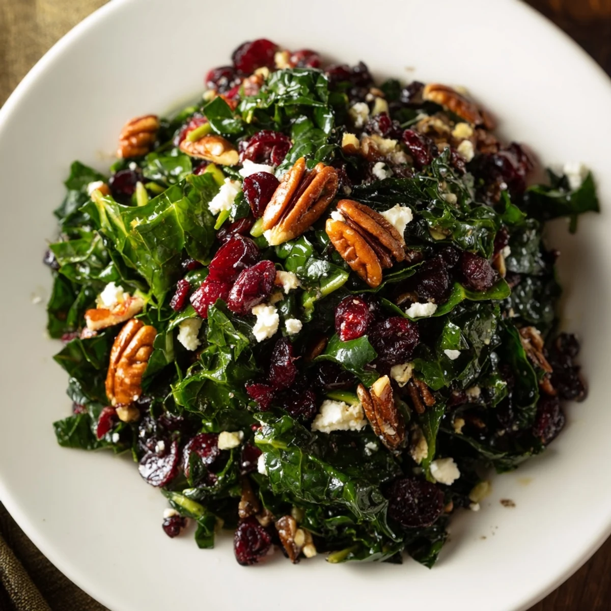 Maple Winter Greens salad garnished with crumbled feta, ready to enjoy as a hearty side dish.