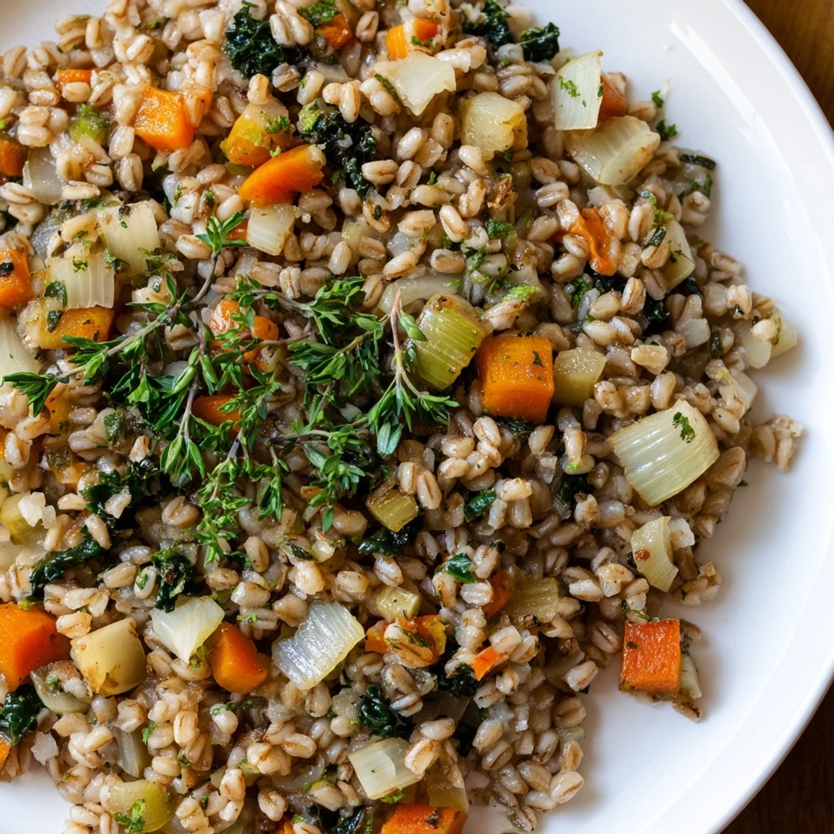 A close-up of Winter Barley in a rustic bowl, showcasing tender grains, diced carrots, and wilted kale with herbs.