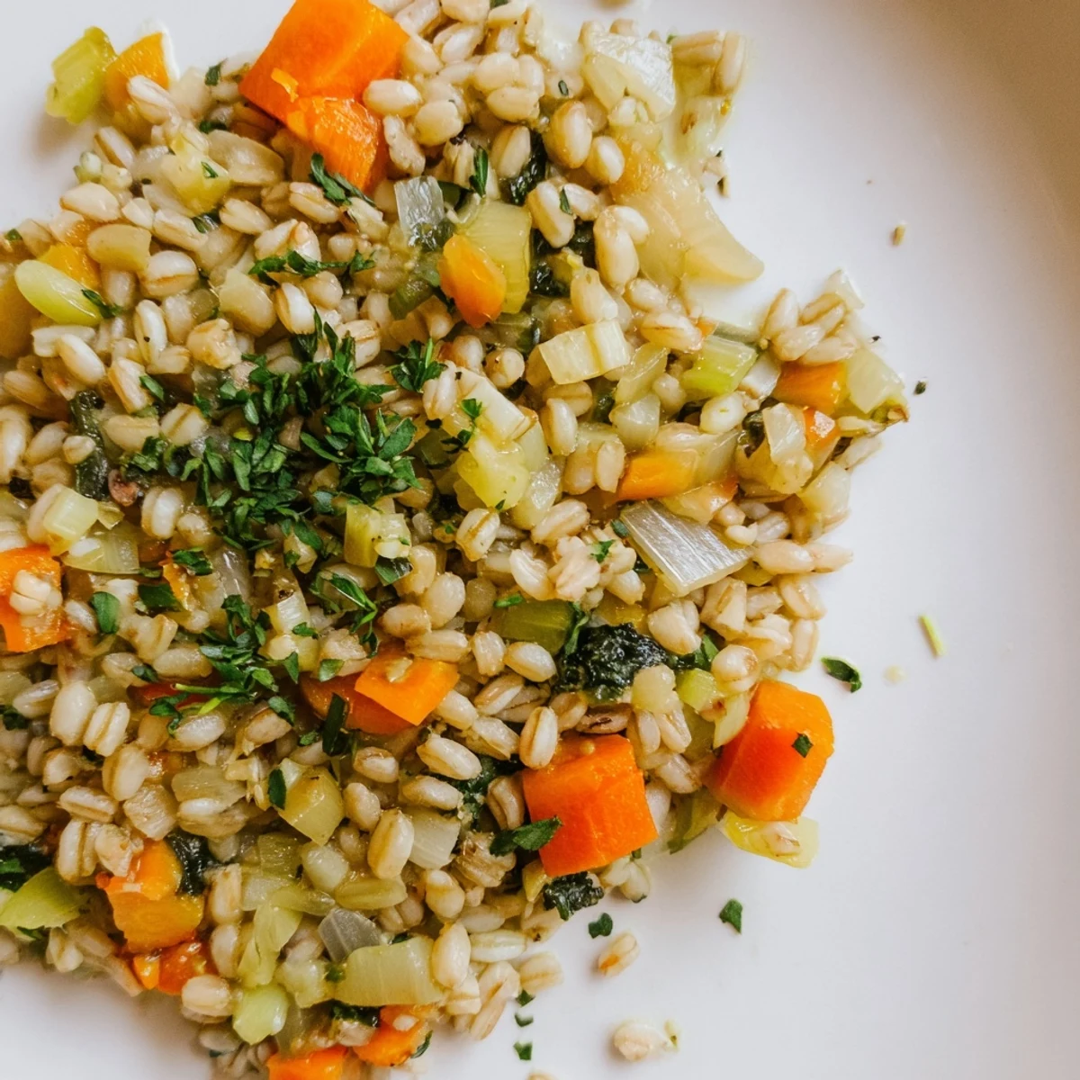 Steaming bowl of Winter Barley garnished with fresh parsley, served alongside a glass of white wine for cozy dinner.