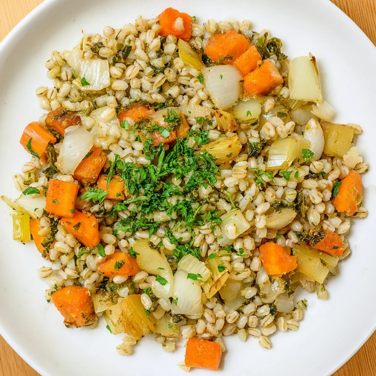 Winter Barley dish in a pot with a wooden spoon, featuring hearty vegetables like parsnips and leek for serving.