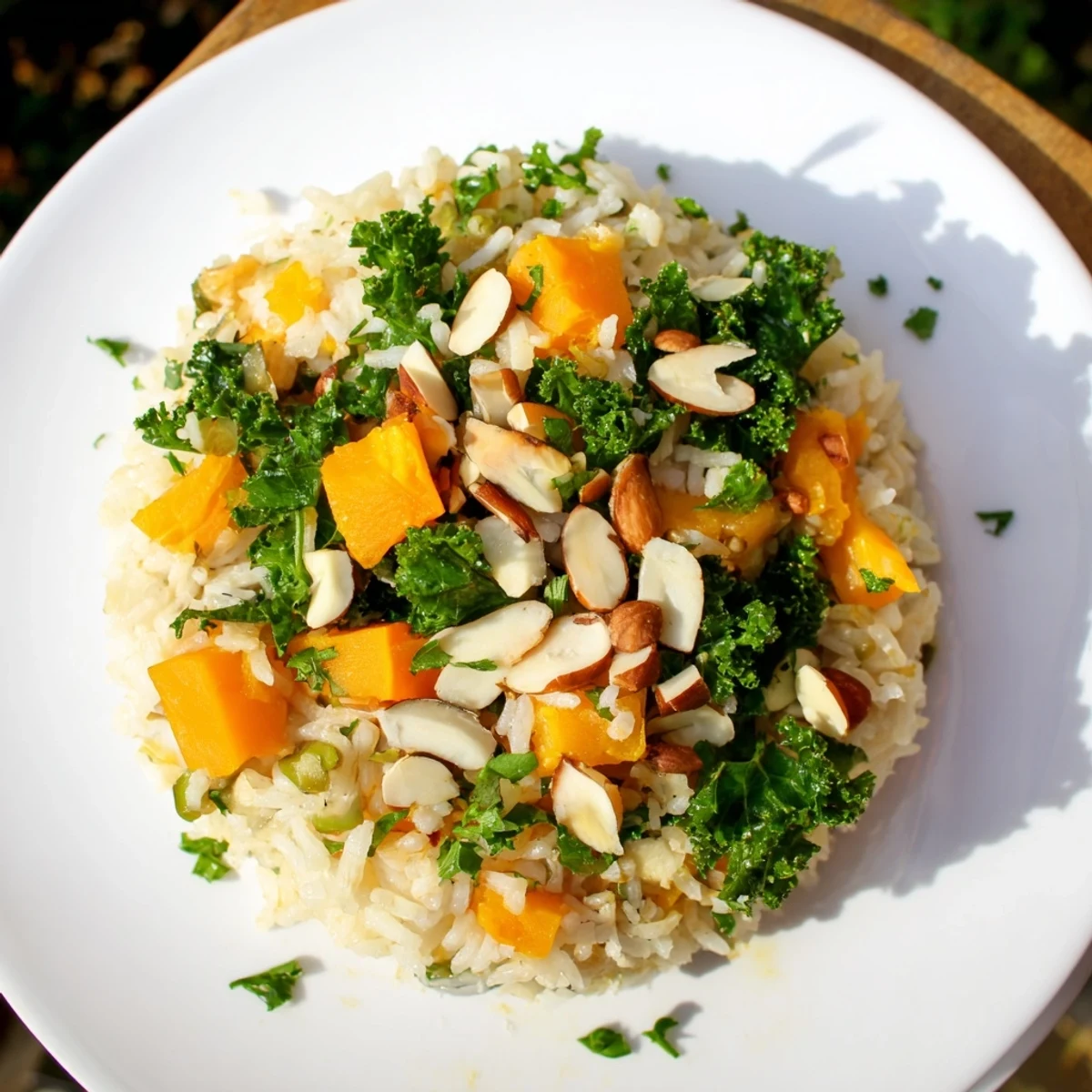 A close-up of Winter Warm Rice topped with toasted almonds and fresh parsley on a rustic table.