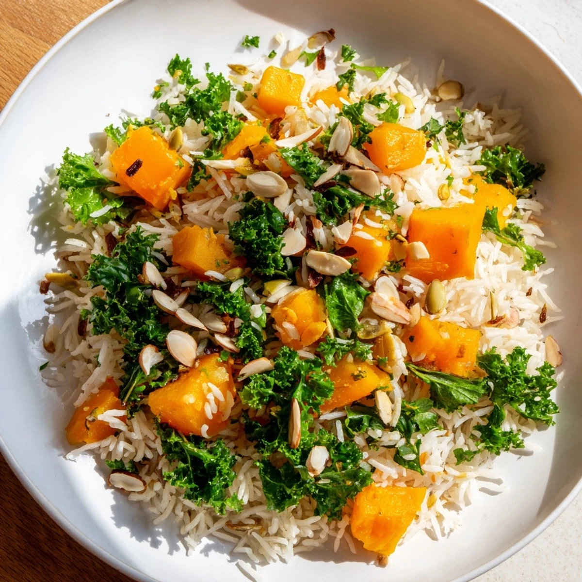 Steaming bowl of Winter Warm Rice with tender carrots and butternut squash in a fragrant broth.