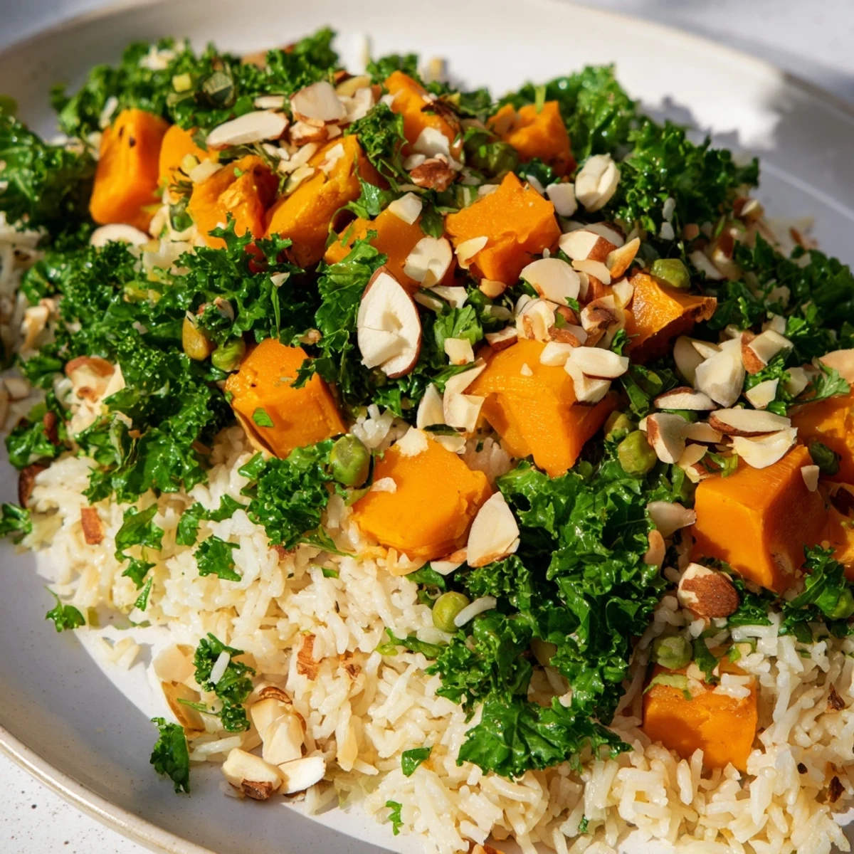 Winter Warm Rice served warm in a ceramic bowl, colorful kale and peas visible among spiced grains.