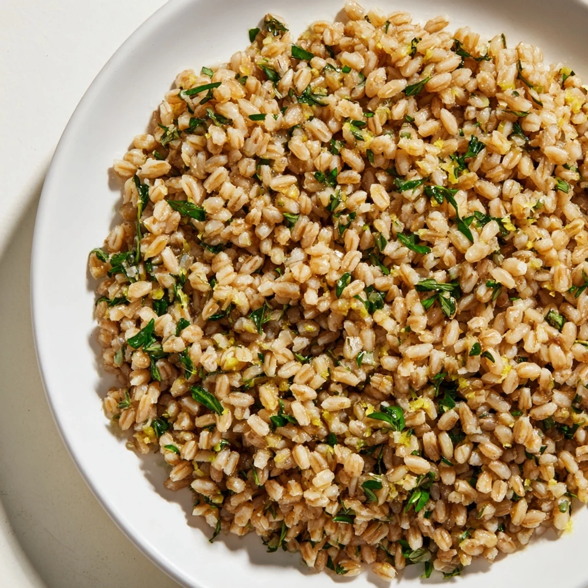A bowl of Herbed Savory Grain with fluffy farro, fresh parsley, and thyme beside roasted chicken.