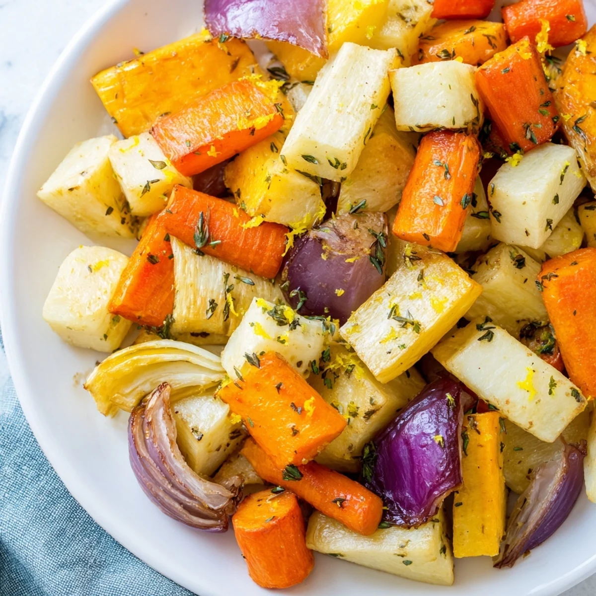 Herbed roasted roots glisten with olive oil and fresh rosemary on a rustic wooden platter, steaming beside a tender roast chicken.