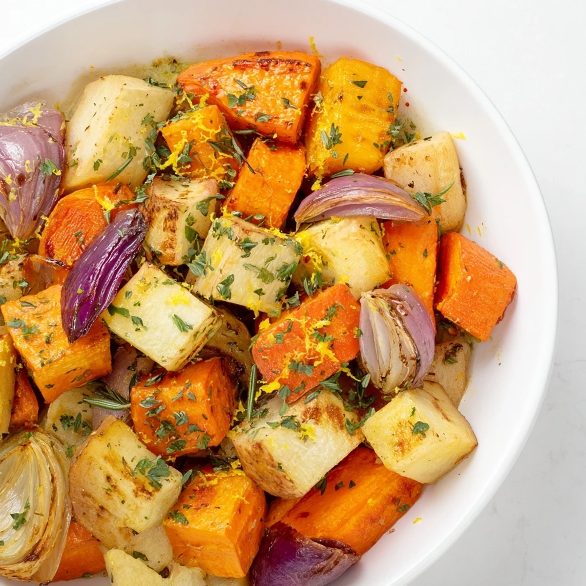 A close-up of golden, caramelized Herbed roasted roots shows crisp edges and fragrant thyme and garlic for a rustic side dish.