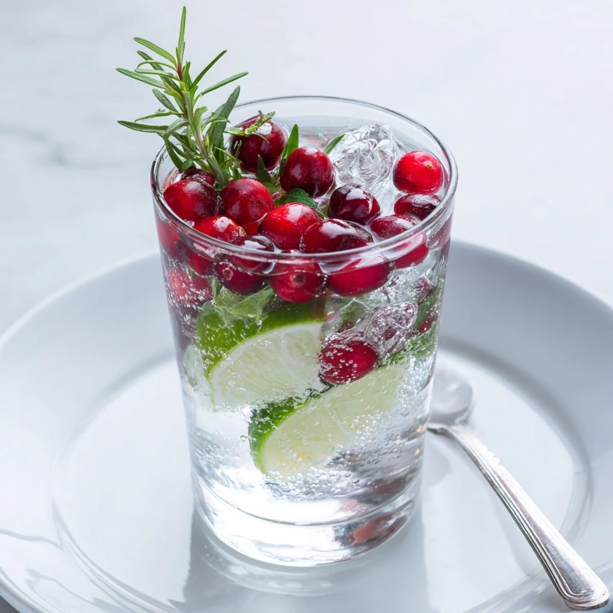 Cranberry Evergreen Mix served in a glass with fresh cranberries, rosemary, and mint over ice for a festive holiday sip.