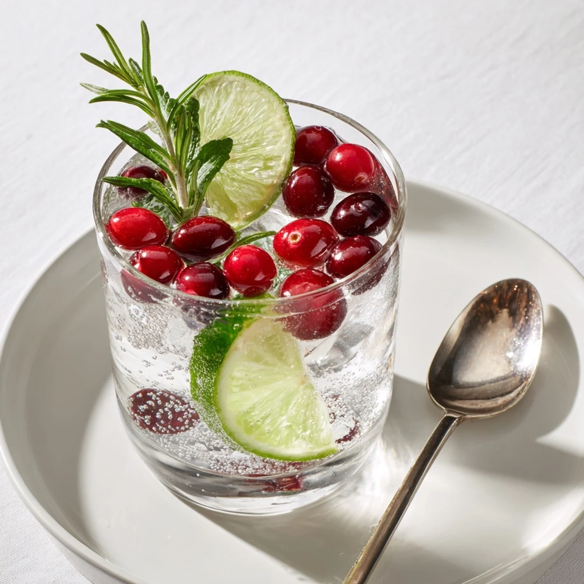 A close-up of the Cranberry Evergreen Mix garnished with lime slices, fresh herbs, and ice cubes, perfect for a party drink station.