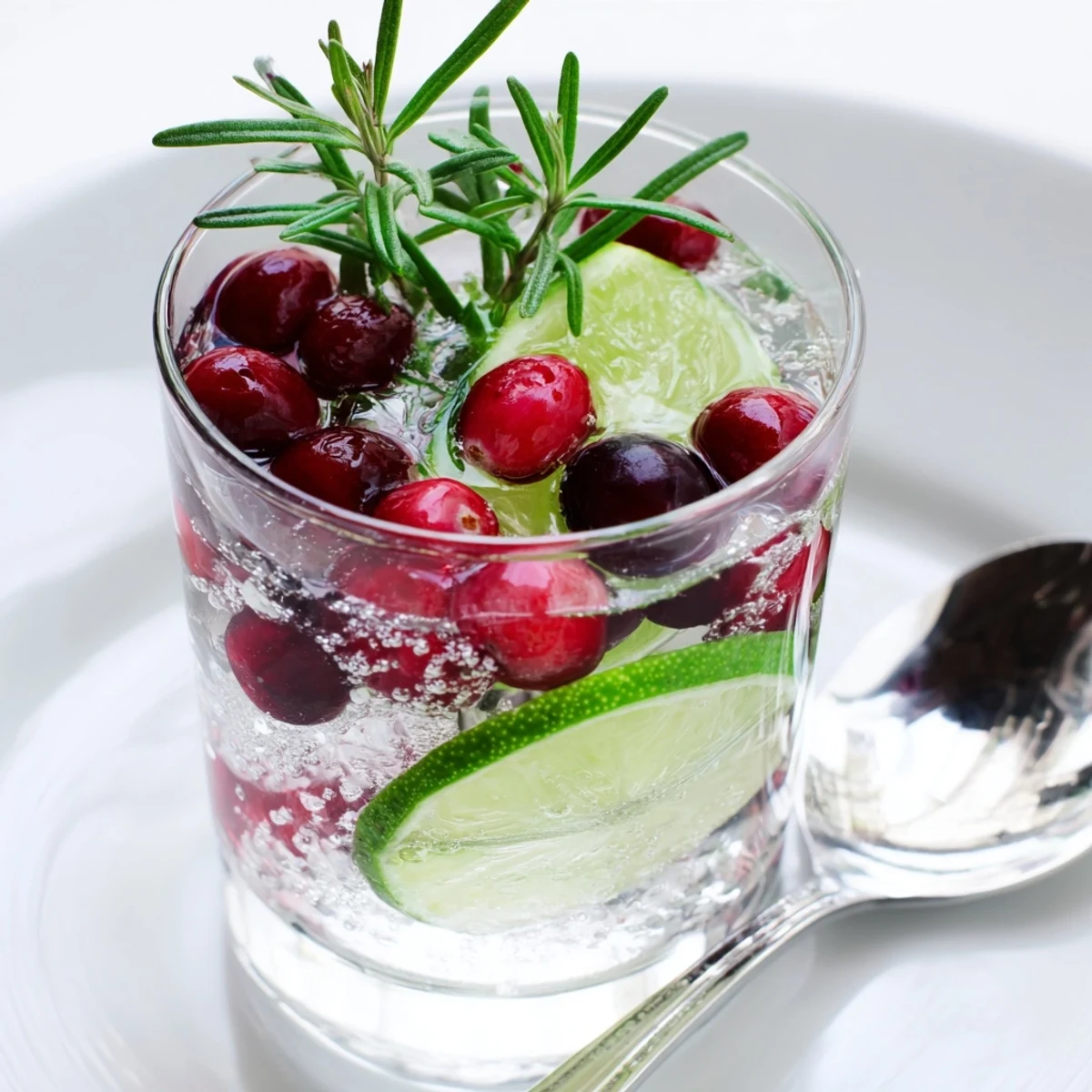 The vibrant Cranberry Evergreen Mix blends tart cranberry juice with sparkling water and aromatic rosemary for a refreshing, vegan holiday beverage.