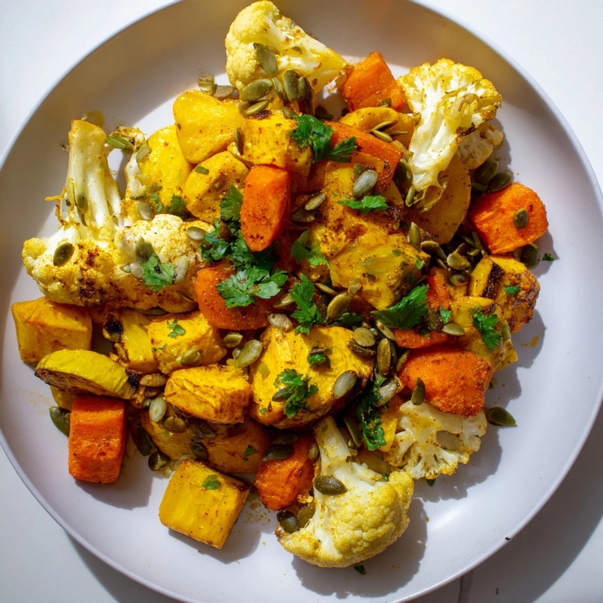 Golden Veg roasted with turmeric and cumin in a sizzling golden medley.