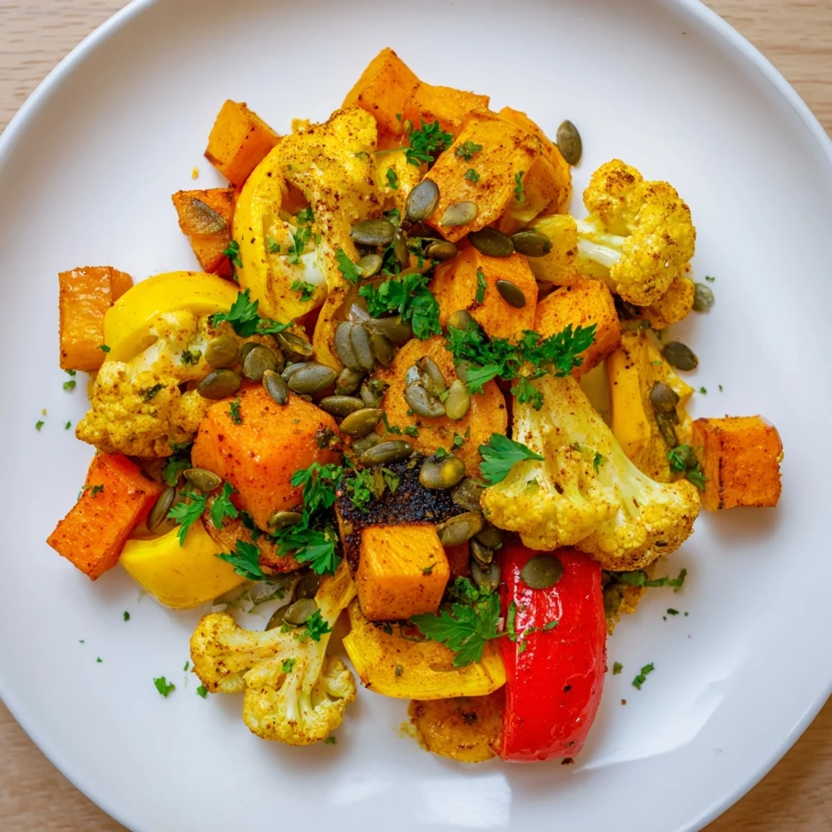 Golden Veg mixed with olive oil and spices on a parchment-lined baking sheet.