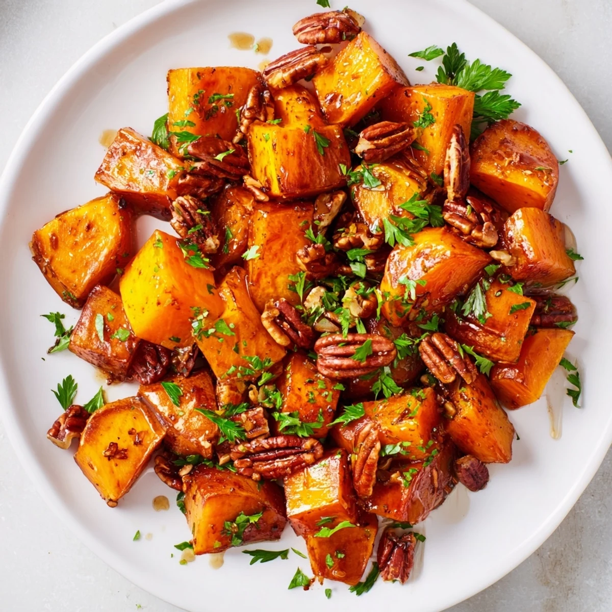 Golden roasted butternut squash cubes glistening with maple syrup, topped with crunchy toasted pecans and fresh parsley.
