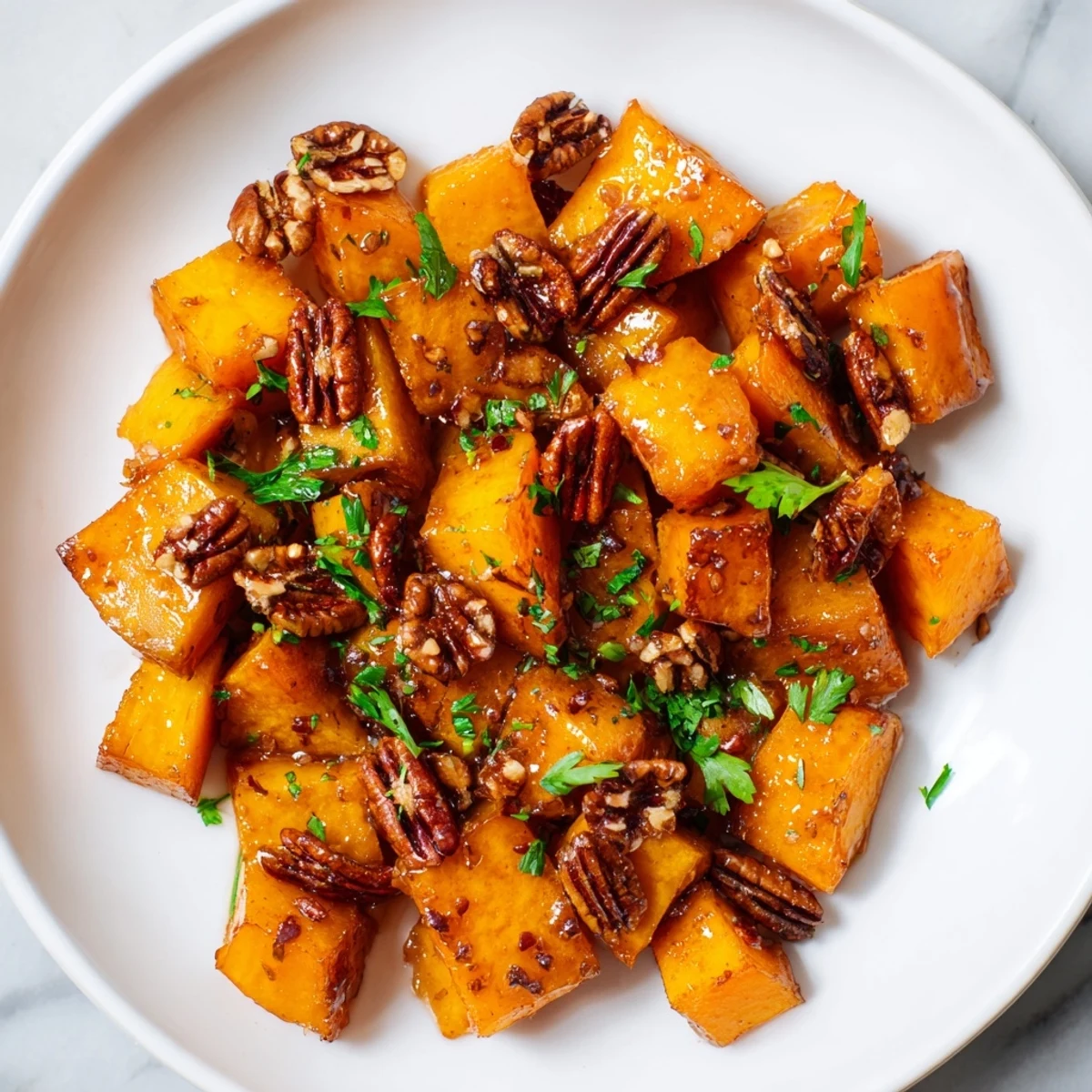 Caramelized Toasty Maple Squash recipe highlights tender cubes and toasted nuts for a sweet and savory side.