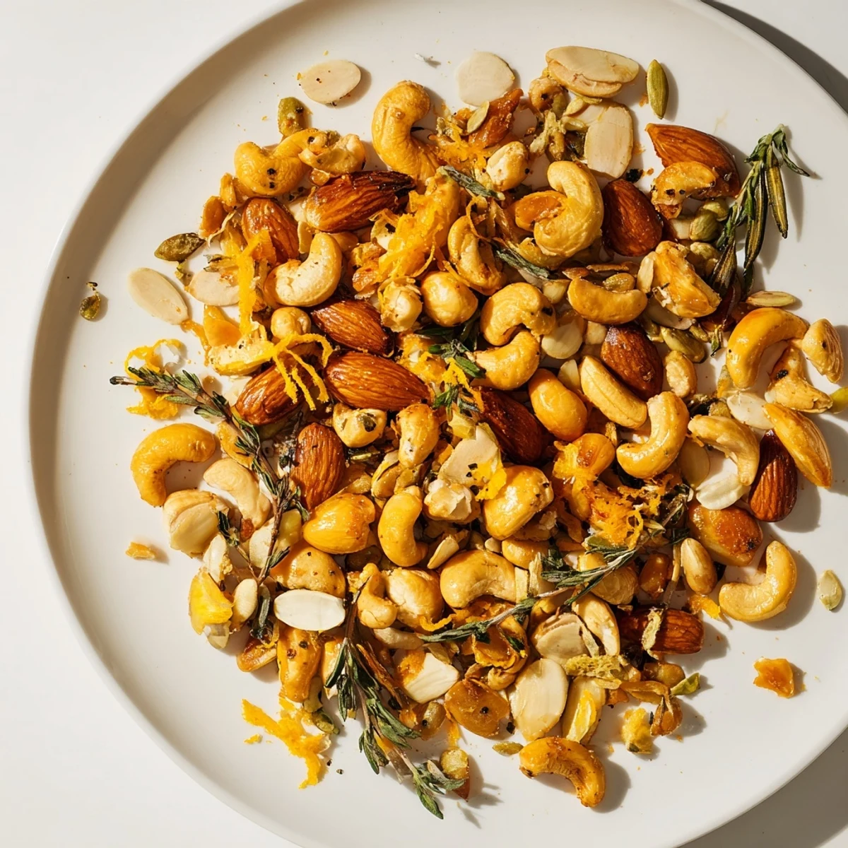A close-up of Cozy Evergreen Mix on a rustic wooden board, showcasing golden toasted nuts and rosemary sprigs for a festive snack.