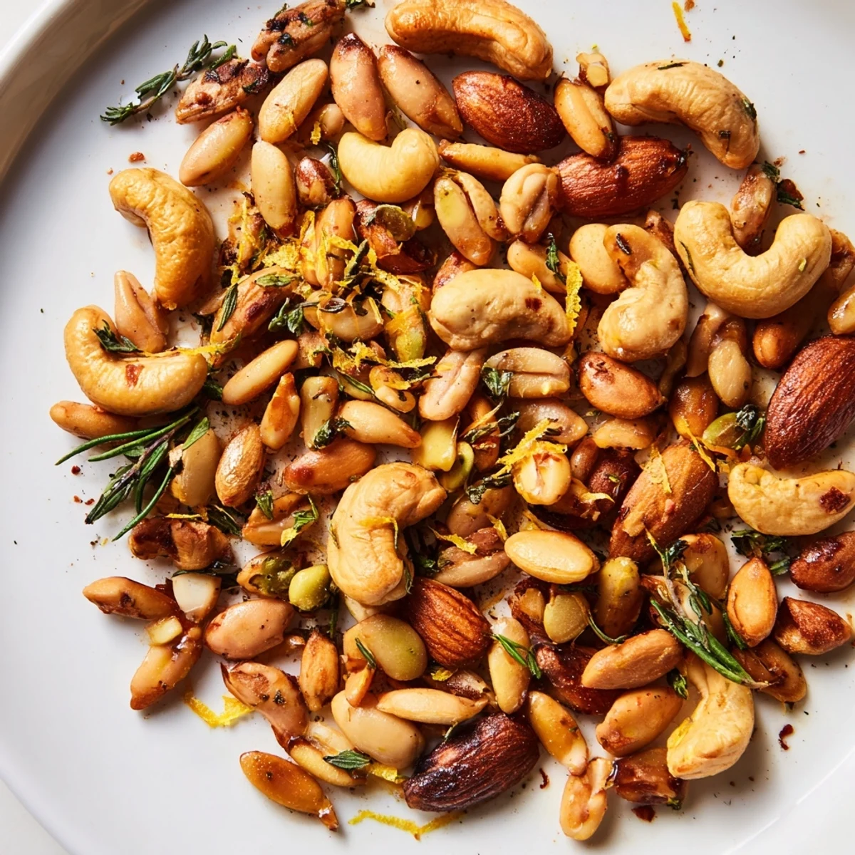 Spoon stirring aromatic Cozy Evergreen Mix on a parchment-lined baking sheet, with pine nuts and pumpkin seeds glistening.